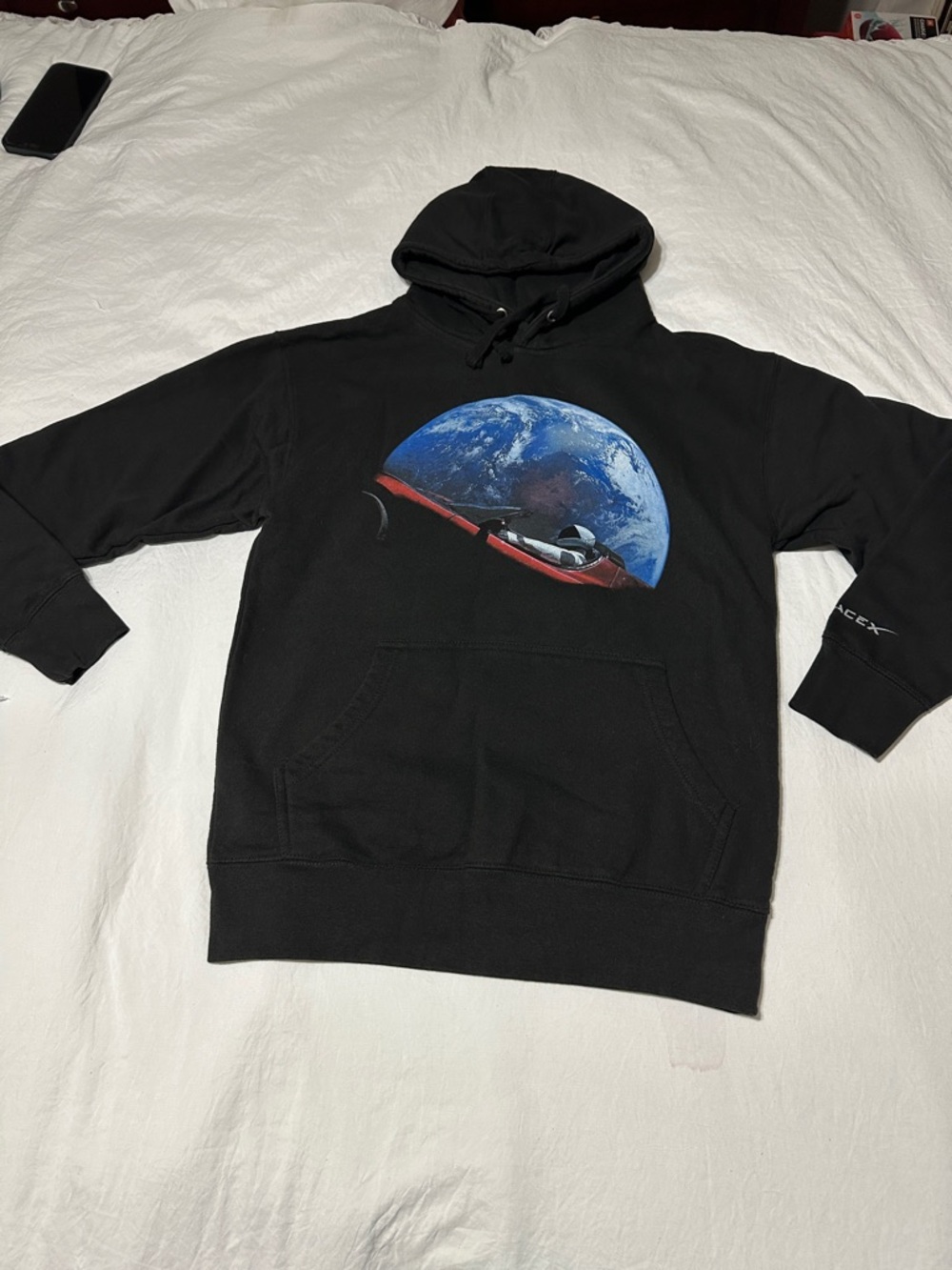 Black Graphic Hoodie with Earth and Red Roadster Print
